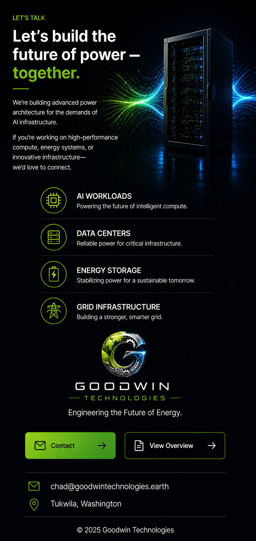 Mobile Let's Talk section for Goodwin Technologies with contact and overview buttons