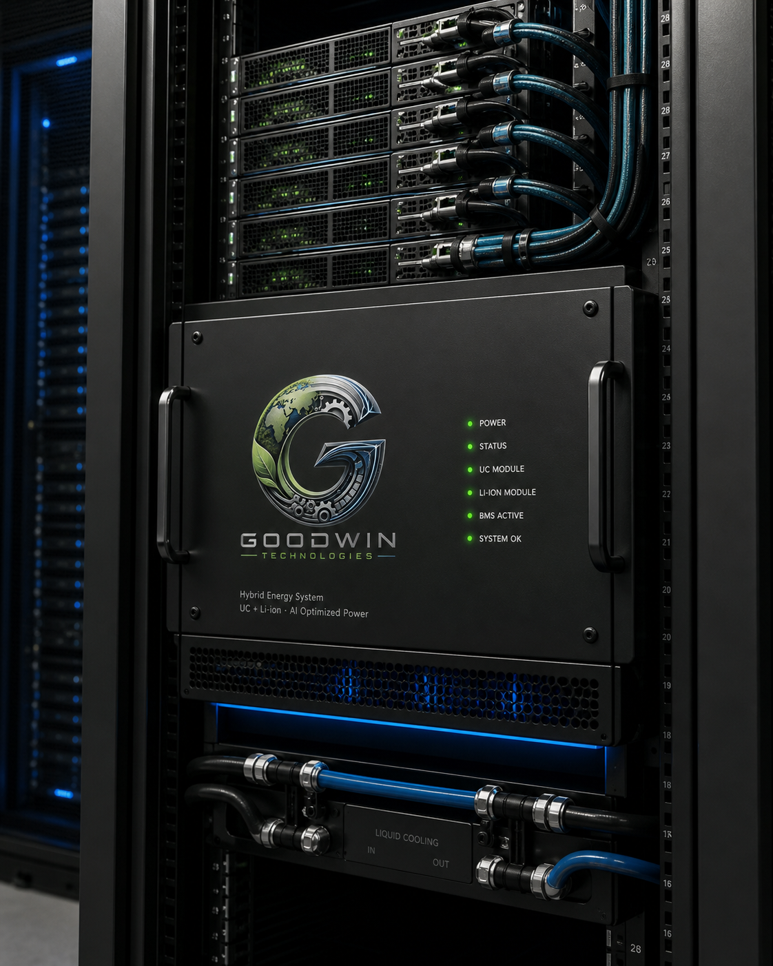 Goodwin Technologies rack-level power module installed in an AI server rack